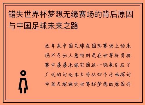 错失世界杯梦想无缘赛场的背后原因与中国足球未来之路